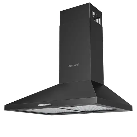 COMFEE' PYRA17B-60 Hotte aspirante 60 cm, noire, éclairage LED, débit d’air 400 m³/h, système recirculable et évacuation, filtres en charbon inclus, Classe énergétique B